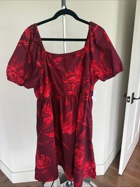NWT Time & Tru cotton tie back mini dress with puff sleeves in a red rose print